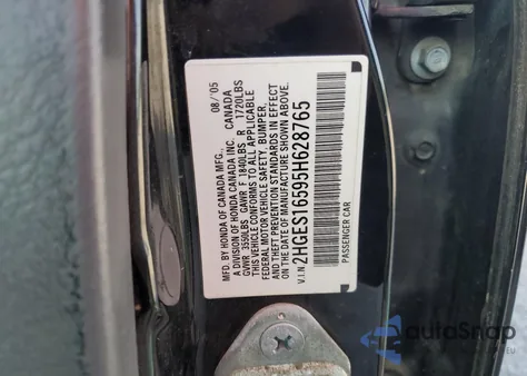 2005 Honda Civic Lx z USA, uszkodzony, nr VIN 2HGES16595H628765